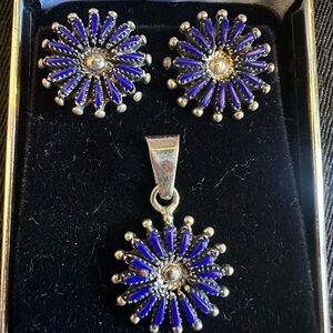Native Lapis Pedipoint Sterling Silver Blue Flower Pendant & Earrings Set